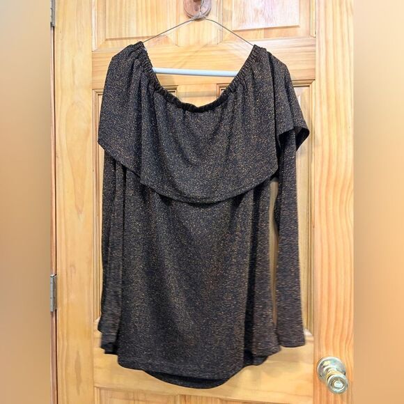 Umgee gorgeous deep brown w/gold sparkle fabric size 1X off the shoulder blouse - Picture 5 of 8